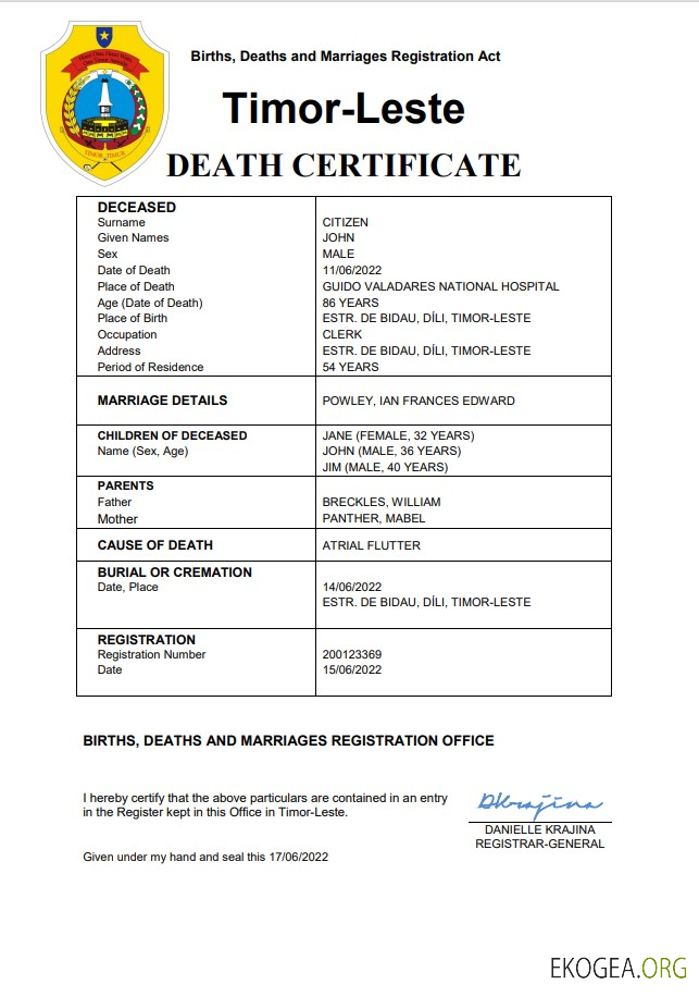Modèle Word et PDF de certificat de décès d'état civil du Timor Leste